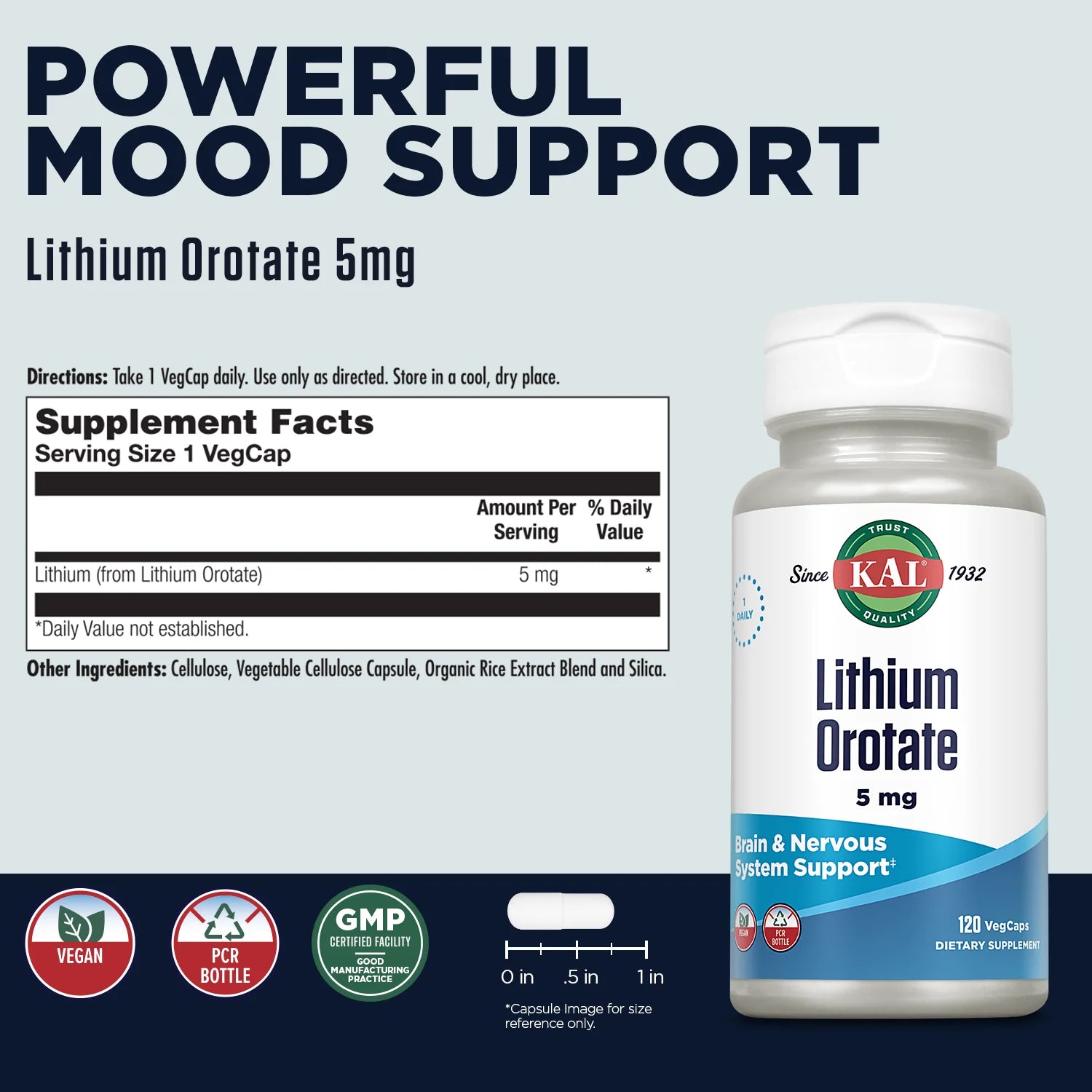 Lithium Orotate 5Mg | Low Serving of Chelated Lithium Orotate for Bioavailability & Mood Support | in Organic Rice Bran Extract Base | 120 Vegcaps
