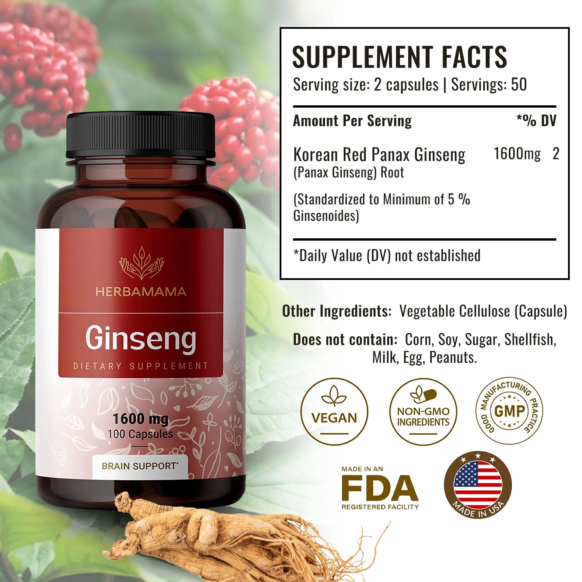Red Ginseng Capsules - Korean Panax Extract - Energy & Brain Support, 100 Capsules