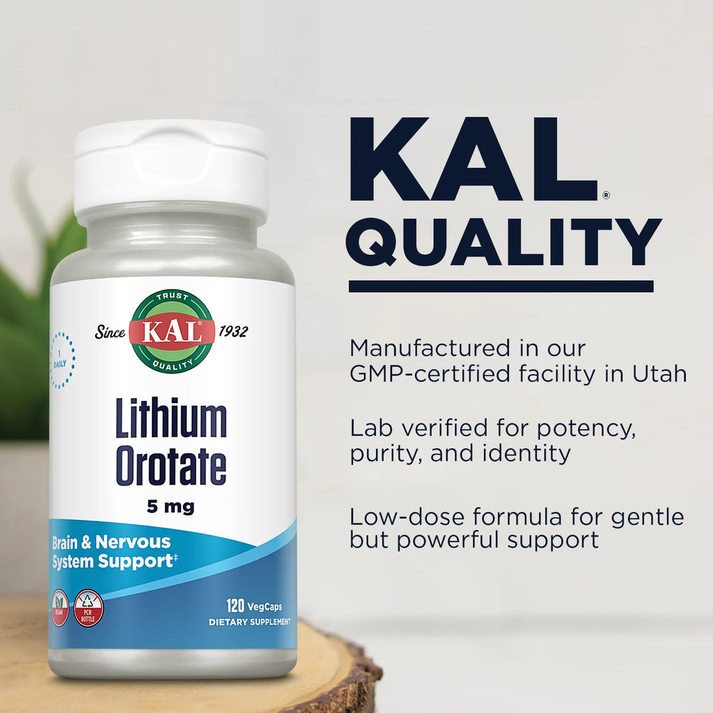 Lithium Orotate 5Mg | Low Serving of Chelated Lithium Orotate for Bioavailability & Mood Support | in Organic Rice Bran Extract Base | 120 Vegcaps