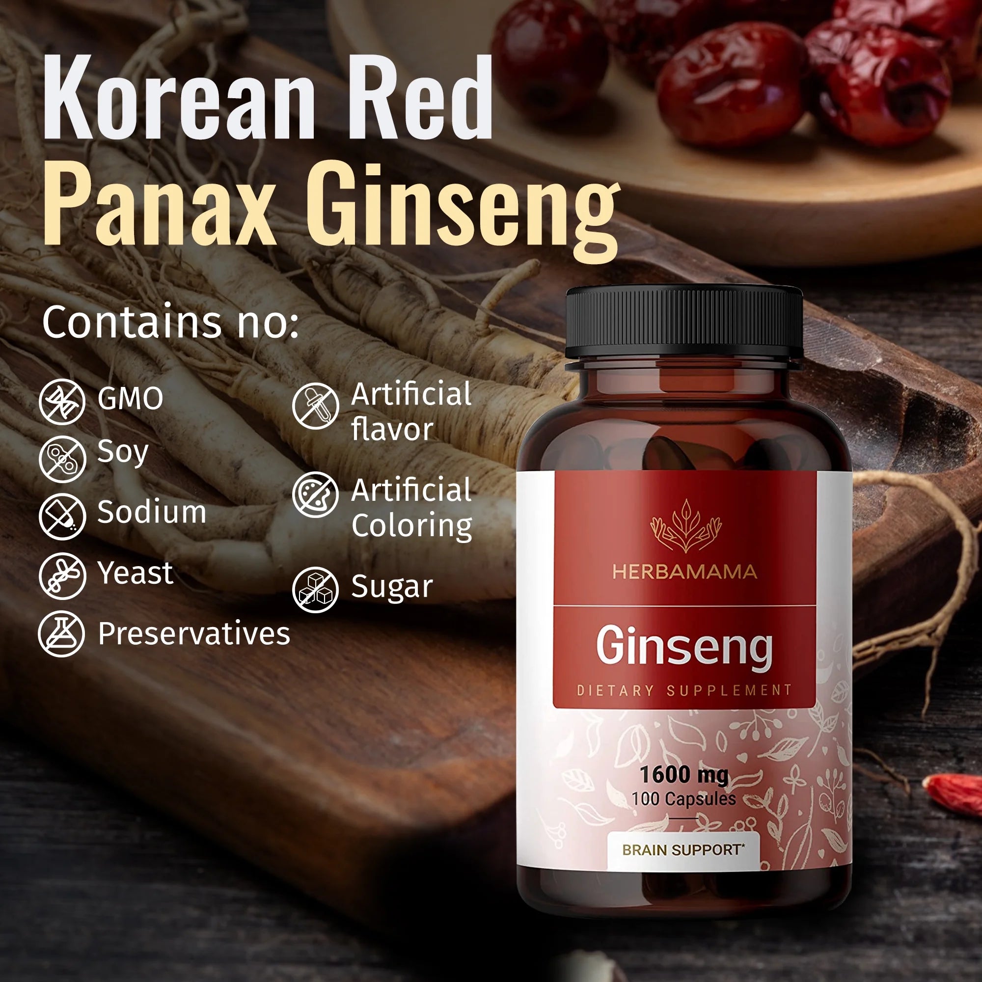 Red Ginseng Capsules - Korean Panax Extract - Energy & Brain Support, 100 Capsules