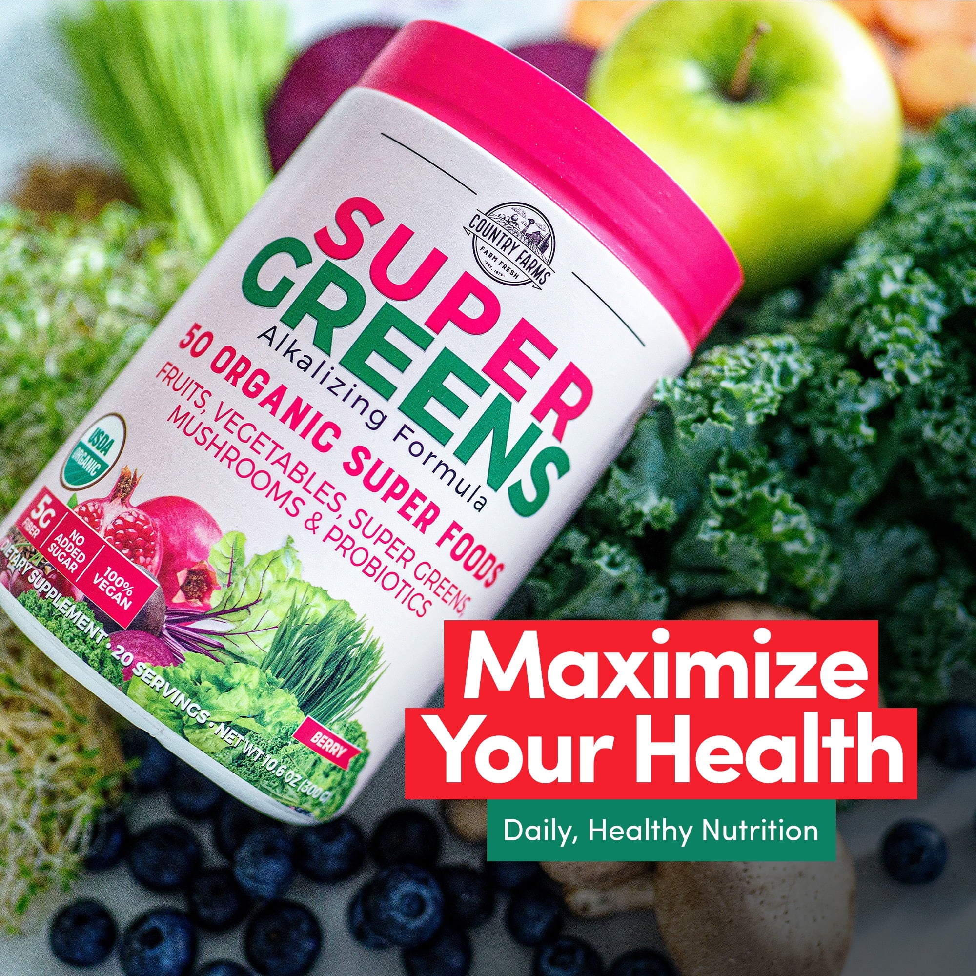 Super Greens Drink Mix, Berry Flavor, 10.6 Oz 20 Servings