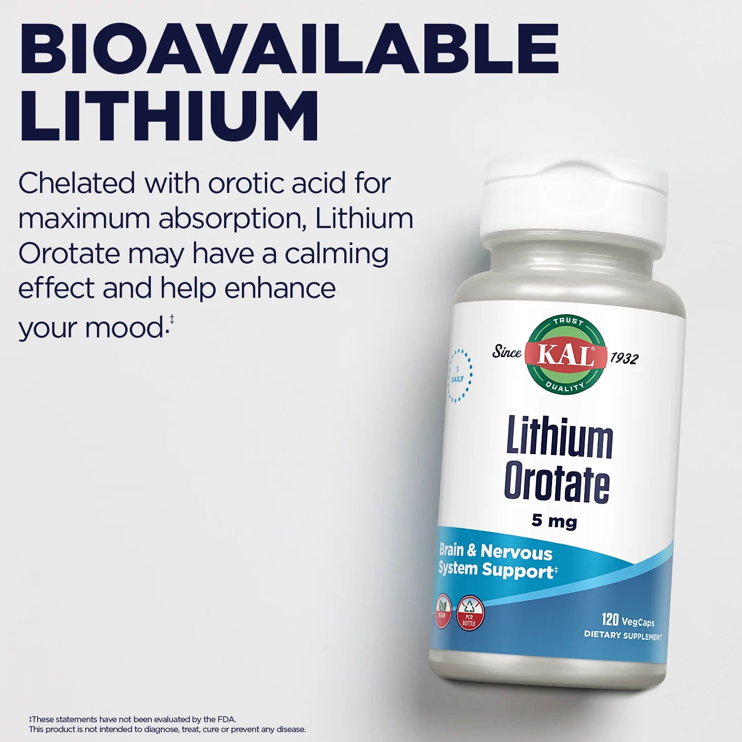 Lithium Orotate 5Mg | Low Serving of Chelated Lithium Orotate for Bioavailability & Mood Support | in Organic Rice Bran Extract Base | 120 Vegcaps