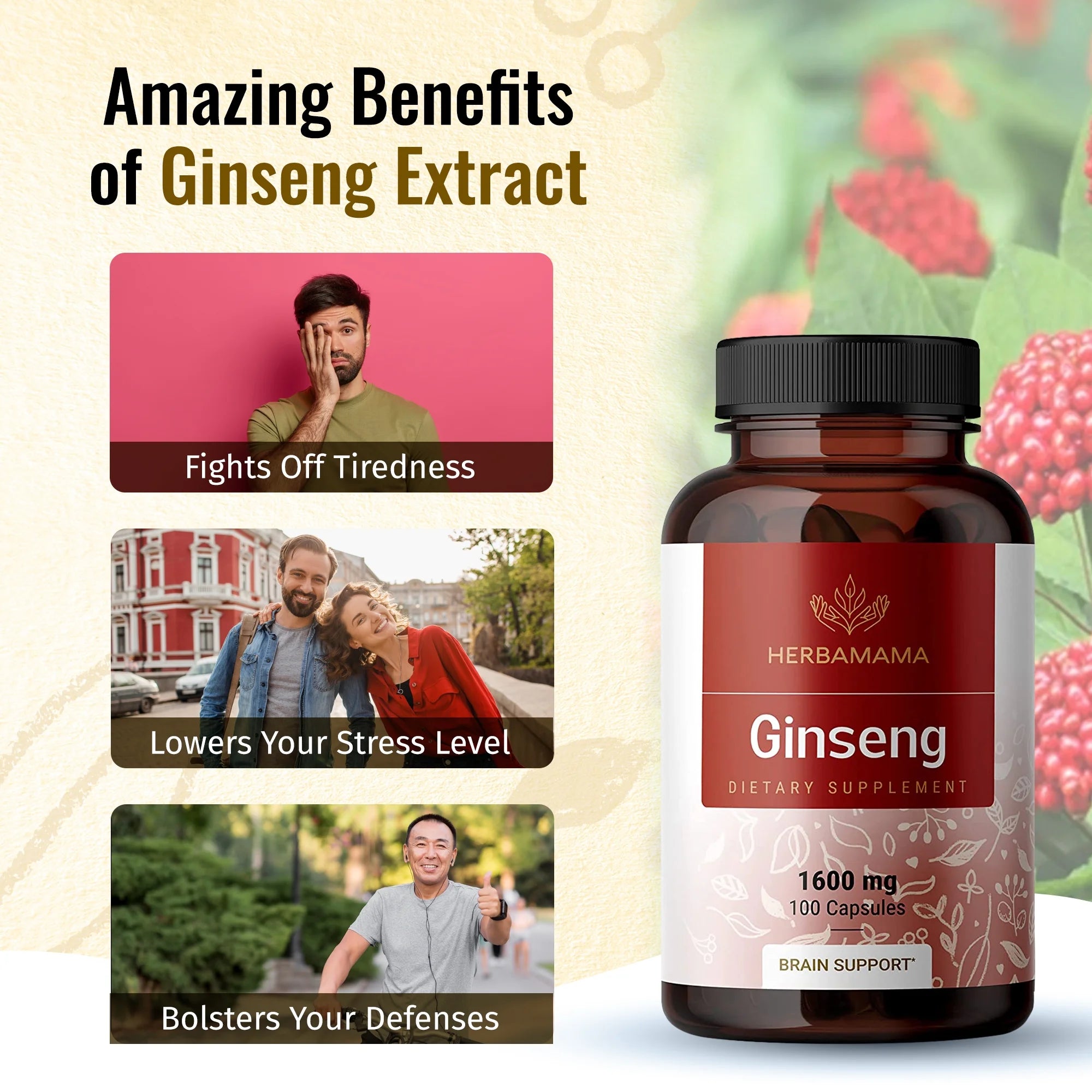 Red Ginseng Capsules - Korean Panax Extract - Energy & Brain Support, 100 Capsules
